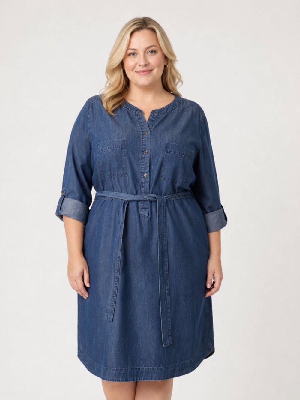 Spense Women's Denim Blue Tunic Shirt Dress XL Belt Roll Tab Coastal Lagenlook
